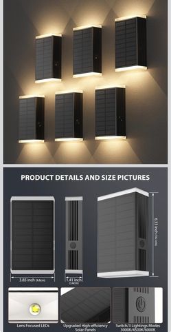 Solar Wall Light Outdoor , 3000/4000/6000K 3 Modes Dusk to Dawn Lighting Wall Sconce IP67 Waterproof Up and Down Solar Lights Outdoor Front Door Light