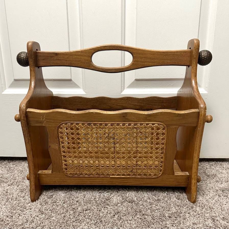 Vintage MCM BoHo Oak Wood Woven Wicker Rattan Cane Magazine Book Vinyl Record Rack Holder