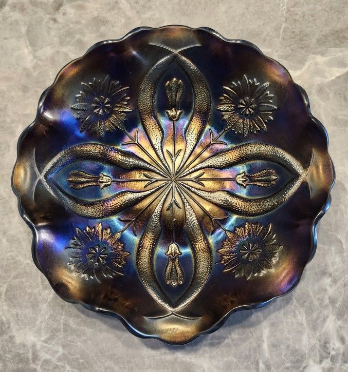 Antique Brockwitz Carnival Glass Four Flowers Variant Ruffled Bowl Blue Purple