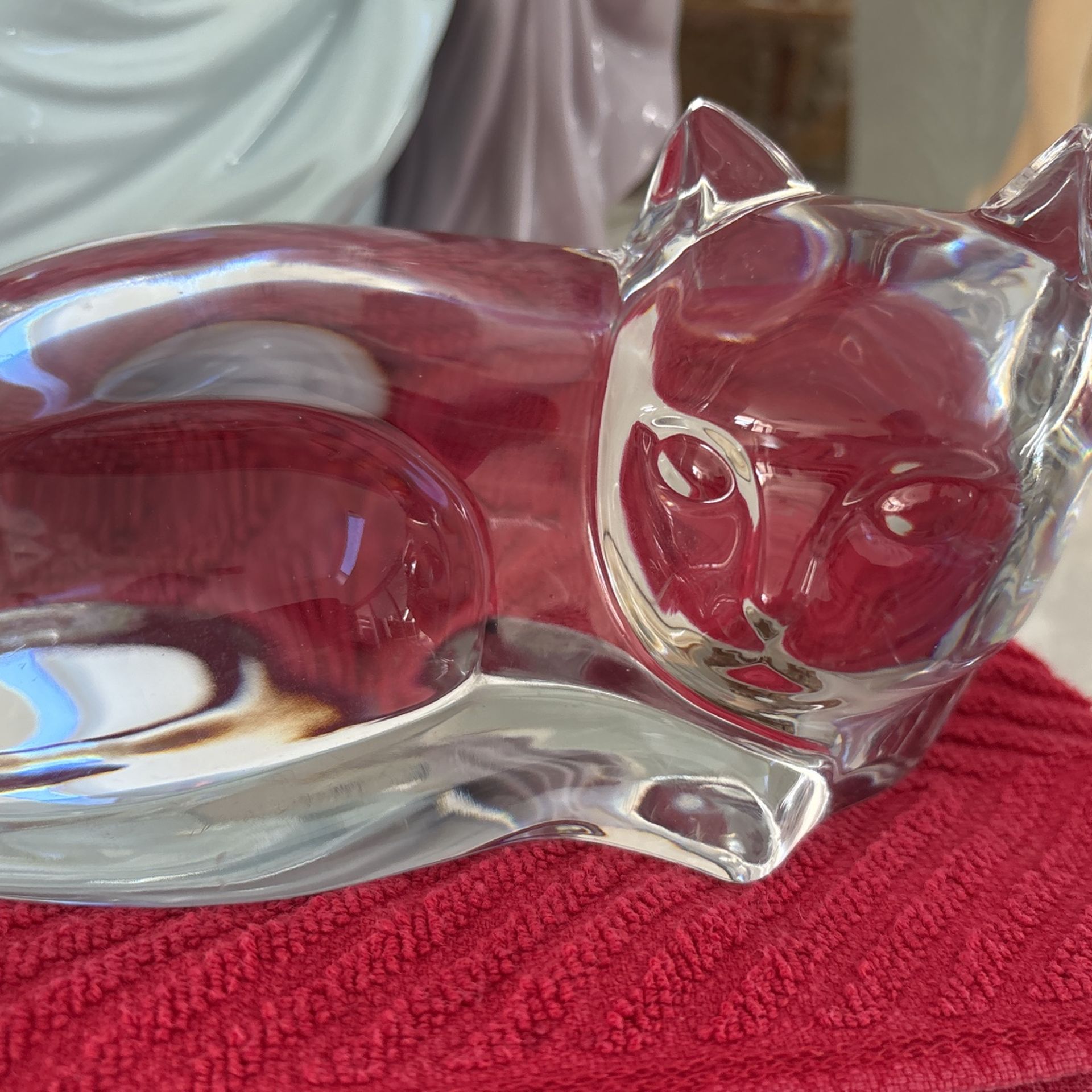 Beautiful, Signed VAL ST LAMBERT CRYSTAL CAT STATUE. Curled Kitty Kitten Pussycat With A Chipped Ear So Only….