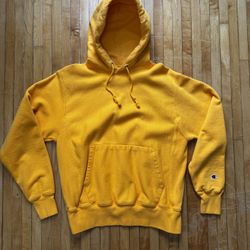 Champion Reverse Weave Hoodie Men's Yellow Pullover Cotton Sweatshirt Sz. M
