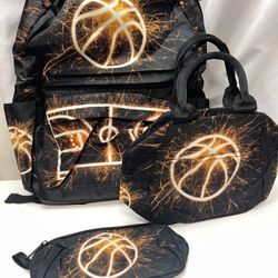 3pc Backpack Set Men Boys School Bag Lunch Pencil Bag Basketball Flame