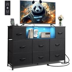 WLIVE Black TV Stand for 45, 50, 55 inch TV, Entertainment Center with LED Lights & Charging Station, TV Media Console Table with 8 Fabric Drawers and