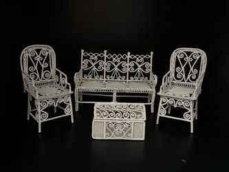 Vintage Alice Lacy Miniature White Wire Wicker Dollhouse Furniture Set - 1:12 Scale
