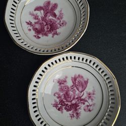 Vintage Bavaria Germany Pink Rose Reticulated Nut Candy Bowl,Gold Trim