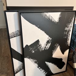 2 west elm framed canvas abstract b&w paintings