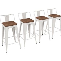 26 inch Bar Stools Set of 4 Kitchen Counter Height Chairs with Wood Seat Industrial Low Back Metal Barstools Cream White
