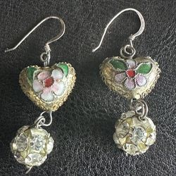 Heart Cloisonne' Vintage Dangle Rhinestone Earrings.
