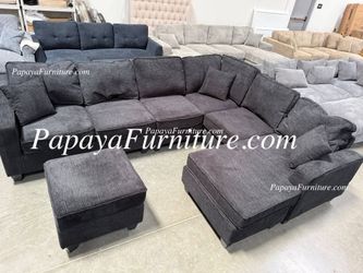 NEW LARGE U Shape Sectional Sofa Chenille Fabric Black Dark Grey Modern and Reversible Left Right Chaise Set Big SALE Ashley Style Designer Big SALE