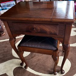 Vintage Refurbished Mahogany, Queen Anne Style Singer Cabinet And Matching Stool