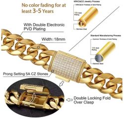 18K Gold Plating  Cuban Link Chain Necklace  with Bling Bling Cubic Zirconia Iced-Out Clasp for Men Boys W12mm / L 24 inches 18K Gold Plating