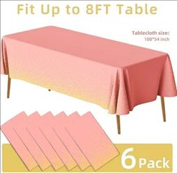 AIRE 6 Pack Pink and Gold Plastic Tablecloths for Rectangle Tables,