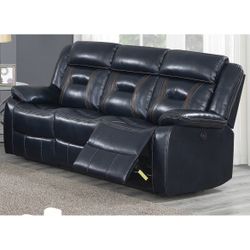 Dark Blue With Brown Accents Power Recliner Sofa Gel Leatherette On Sale Brand New In Box Firm Price $580