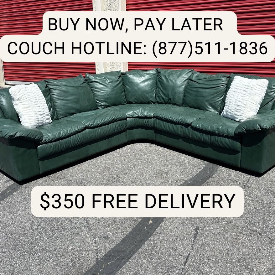 Buy Now, Pay Later! Genuine Green Leather Sectional - Free Delivery 