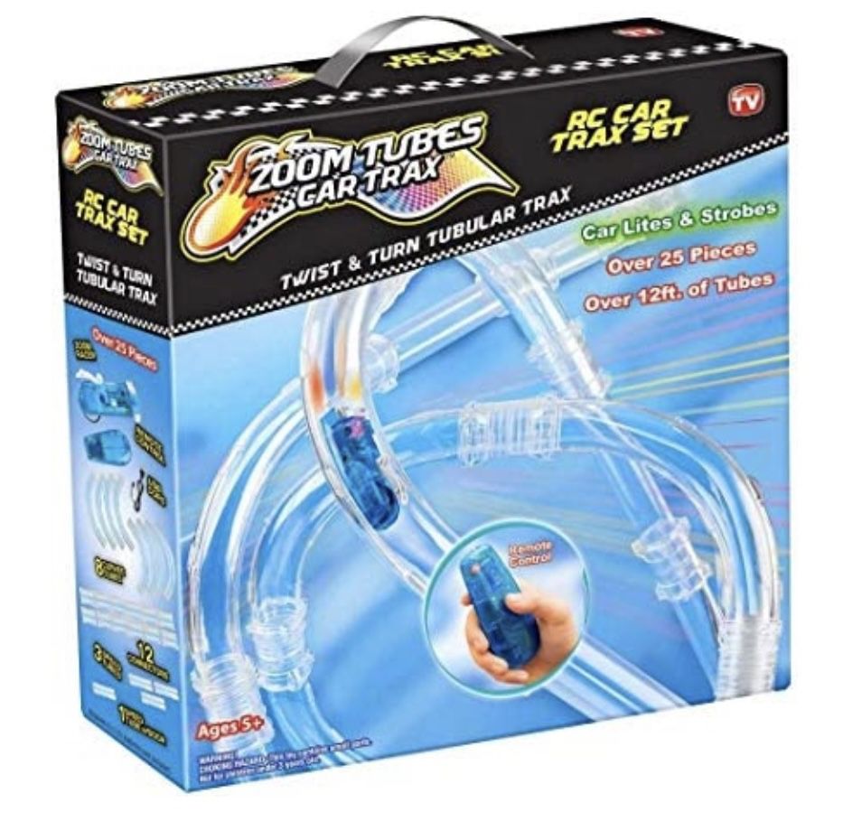 BRAND NEW! ZOOM TUBES CAR TRAX SET:  25-Pc, Remote Control, 1 Blue Racer & Over 12 ft Tubes (Age 5+)