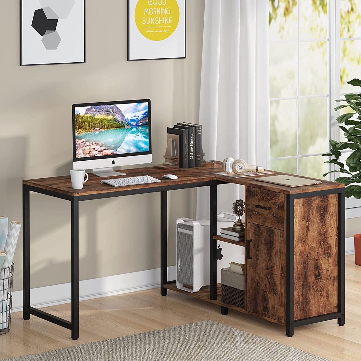New L Shaped Desk with Drawer Cabinet, 47 Inch Corner Desk