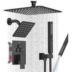 ／3-Way Matte Black Shower System w/Handheld for Couple 10" rain head, 6" wall spray, handheld wand, push-button diverter, anti-scald valve, easy-clean