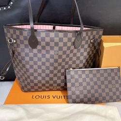 New Authentic Louis Vuitton Damier Ebene Rose Pink/Ballerine Interior MM Neverfull Handbag   