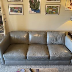 Grey Genuine Leather Sofa – 7 ft – Nailhead Trim – Excellent Condition