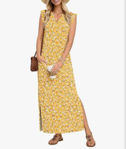 Women’s Yellow/White Flora V-neck maxi dress ( Size: S to 3XL