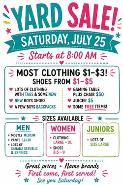 Yard sale 8/25 Garden Grove Drive 78725