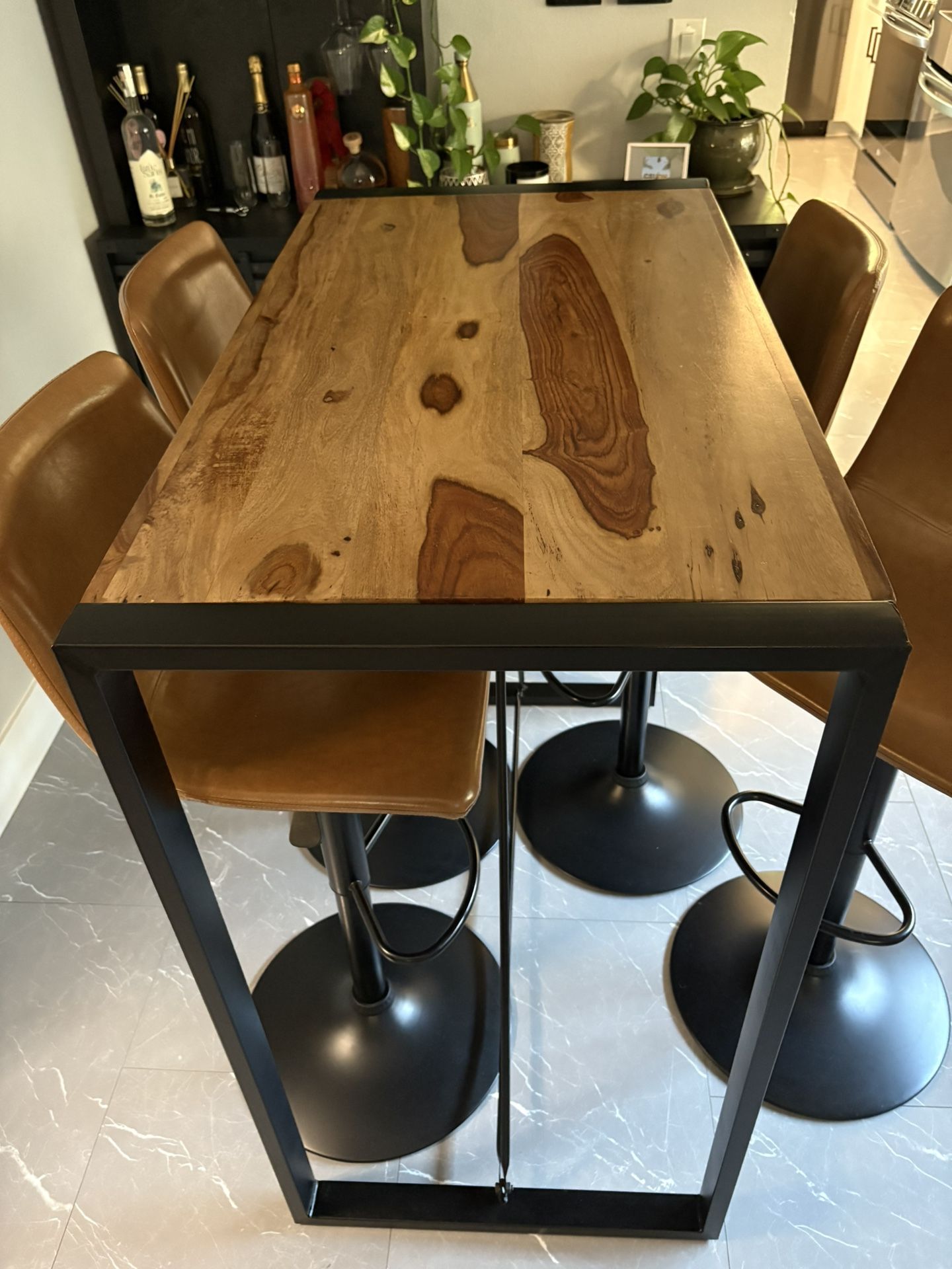 Real Acacia Wood Pub Table and Adjustable Bar Stools