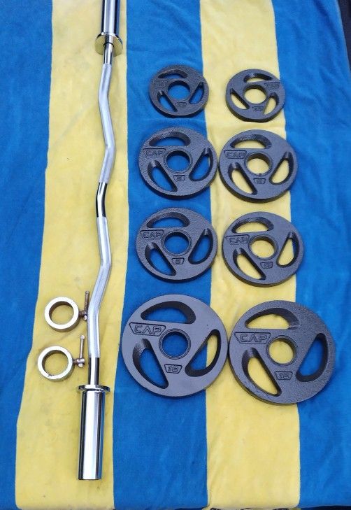 NEW CAP CURL BAR. &. EASY GRIP OLYMPIC PLATES : FOUR 10s & (PAIRS OF) : 5s & 2.5s