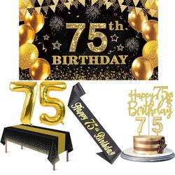 75th Birthday Decorations Men Women with 75th Birthday Banner, Black and Gold Table Cloth, Number Balloons, Large Sash, Cake Topper and Candles