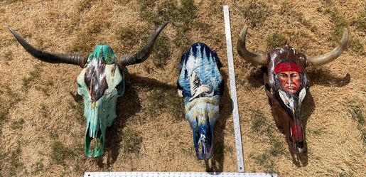 Three painted Cowskulls southwest Indian, eagle, wolf