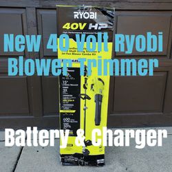 New Ryobi HP Brushless 600 CFM 155 MPH Cordless Leaf Blower  Carbon Fiber String Trimmer 4.0 Battery & Charger 