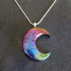 Colorful Color Shift Rainbow Crescent Moon Pendant On 24" Silver Snake Chain Necklace New