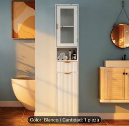 Unidad de almacenamiento para baño de 67 pulgadas de alto con puerta de vidrio esmerilado, cajón, cesto de lavandería extraíble y estante ajustable, d