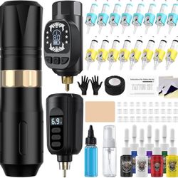 Tattoo Gun Kit Wireless Tattoo Machine Pen Kit with 2 Batteries 16 Cartridge Needles 7 Ink Colors for Complete Rotary Tattoo Supply HW-TK1005-1