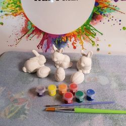 Ceramic Bisque 3 Easter Bunnies With 3 Eggs With Acrylic Stains And Brush 