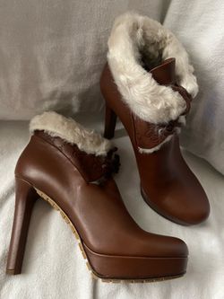 Gucci Brown Leather Size 11 Fur-Trim Platform Ankle Boots