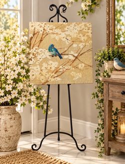 Elegant Blue Bird Floral Canva Art with Decorative Black Metal Easel