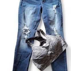 Indigo Red brand blue jean pants, plus an adjustable women’s sports bra, size 36