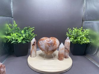 476 G 3.4” X 3.9” Fire Quarts Large Puffy Heart Carving With Rainbow Flash, 109 Gram 3.8 Inch Tower, 80 Gram 3.5 Inch Tower, 68 G 3.0 Inches Bundle