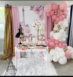 Paris Theme Birthday party, balloons, pink, backdrop, pink drape stage.  $125.00