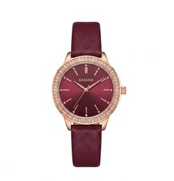 Women's KESARIS Burgundy Leather Strap Watch with Crystal Bezel NWOT