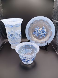 hand-painted frosted glass vase plate bowl 3 piece set new old stock