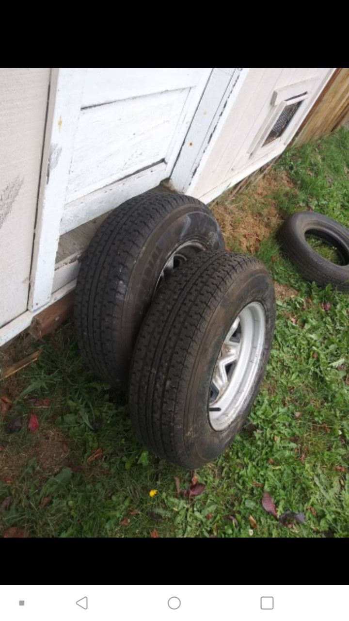 2 - 205/75/15 inch trailer tires on 5x4.5 /5x114.3 wheels