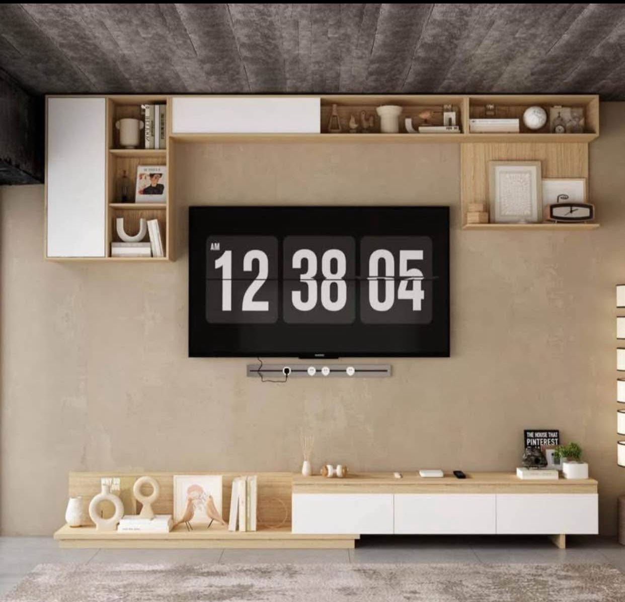 FUFU&GAGA 2 Piece Brown Wood Wall Mount Entertainment Center Media TV Stand with TV Console, Shelves