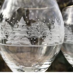 1980's Collectible Arbys “Pines” * Winter Wonderland Etched Trees Wine Glasses Set of 8* Stemware 
