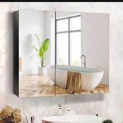New in the box 32 Inch x 23 Inch Mirrored Medicine Cabinet, Black Medicine Cabinet for Bathroom with Mirror,Surface Mount Bathroom Medicine Cabinet wi