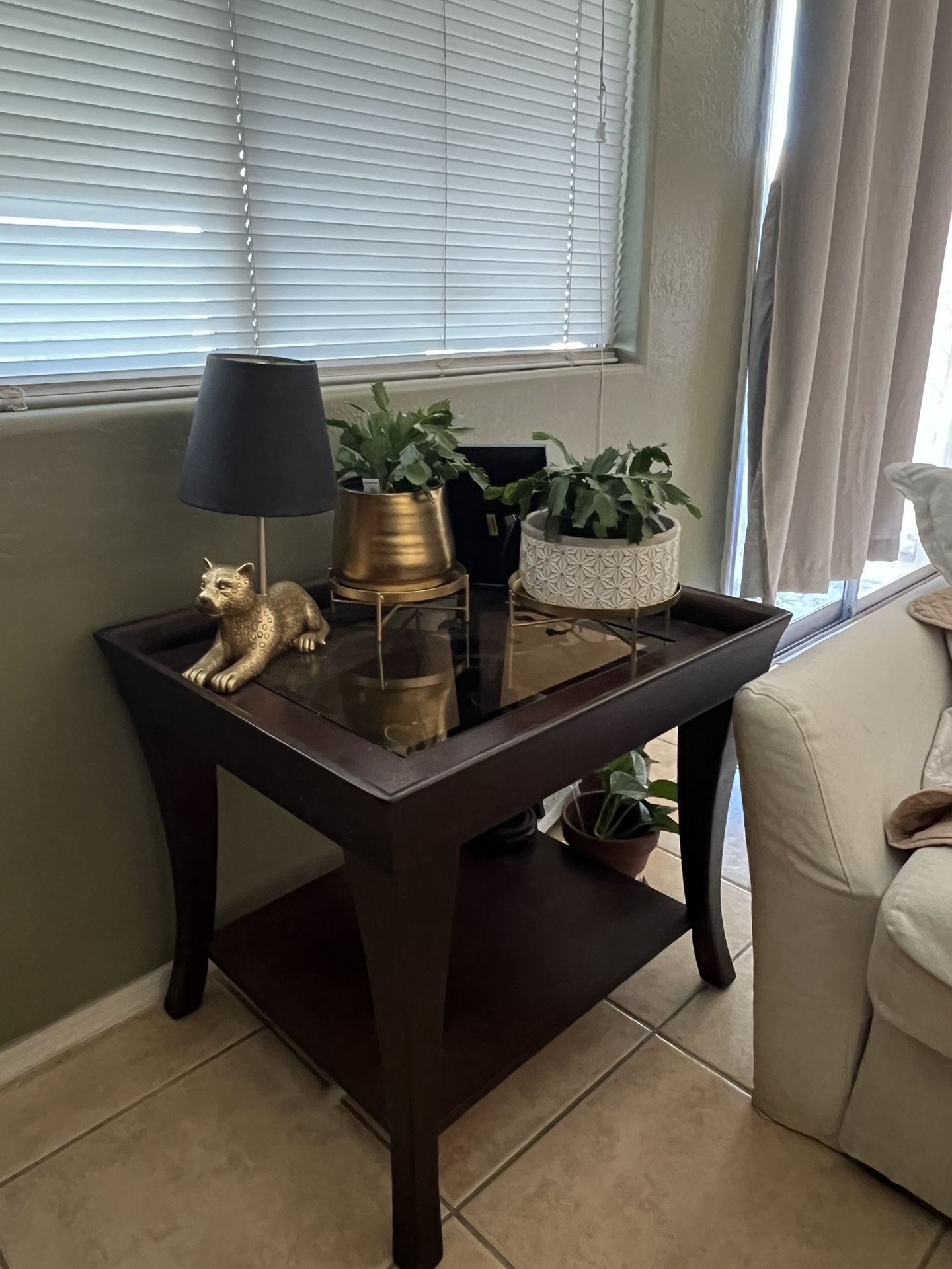 Modern Dark Wood End Table with Glass Top