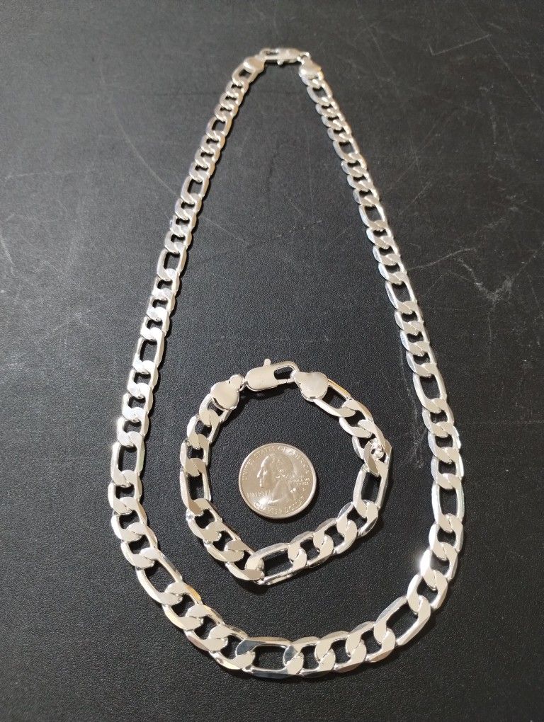Sterling Silver Figaro Style Necklace And Bracelet