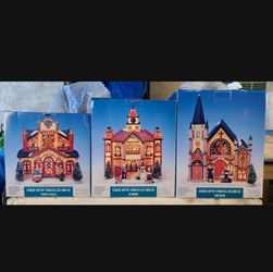 Porcelain Fiber Optic Holiday Decor Set of 3: Townhall, Church, School