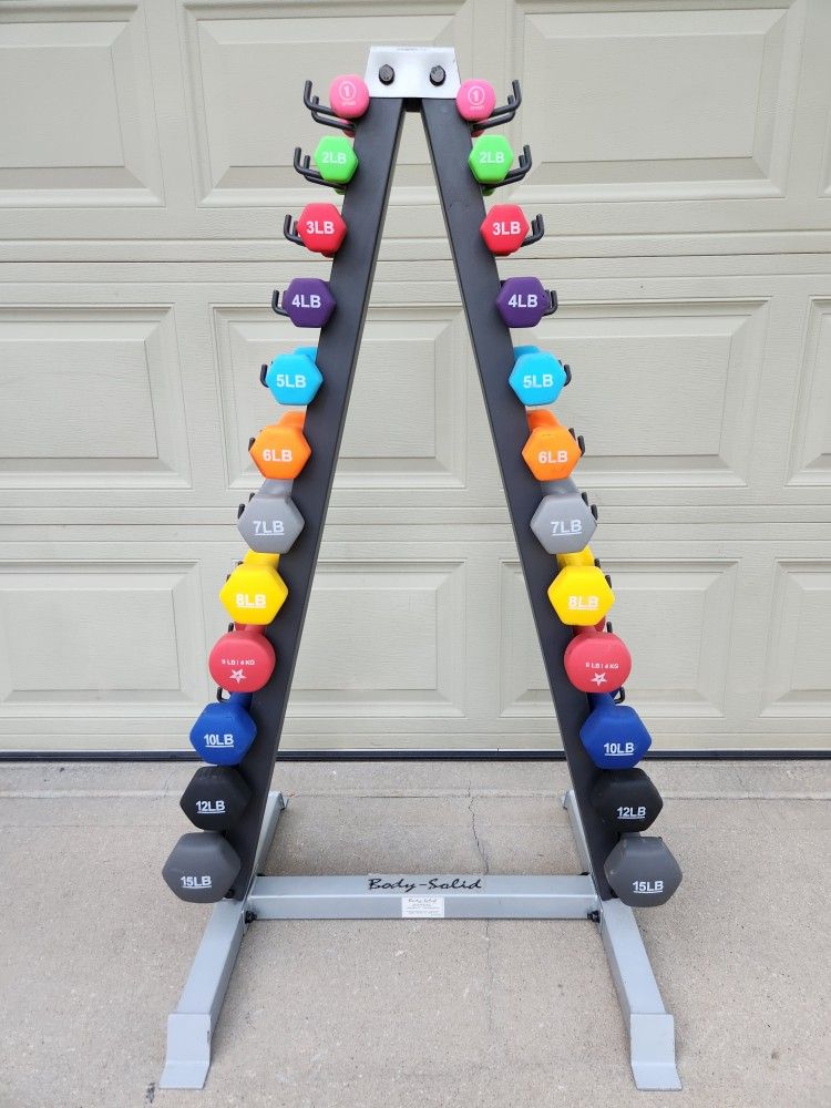 Neoprene 1-15lb Dumbbell Set with Storage Rack Tree