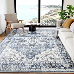 6x9 Area Rug Non-Slip Low Pile Blue Carpet Soft Washable Living Room Bedroom